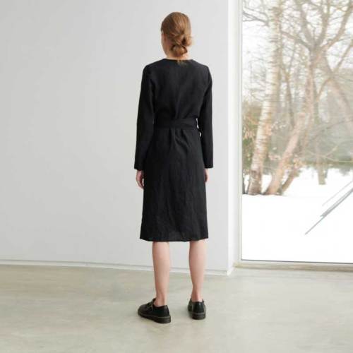 Custom Women's Black Linen Wrap Dress | Sustainable Long Sleeve Midi Dress OEM/ODM Manufacturer for Boutiques