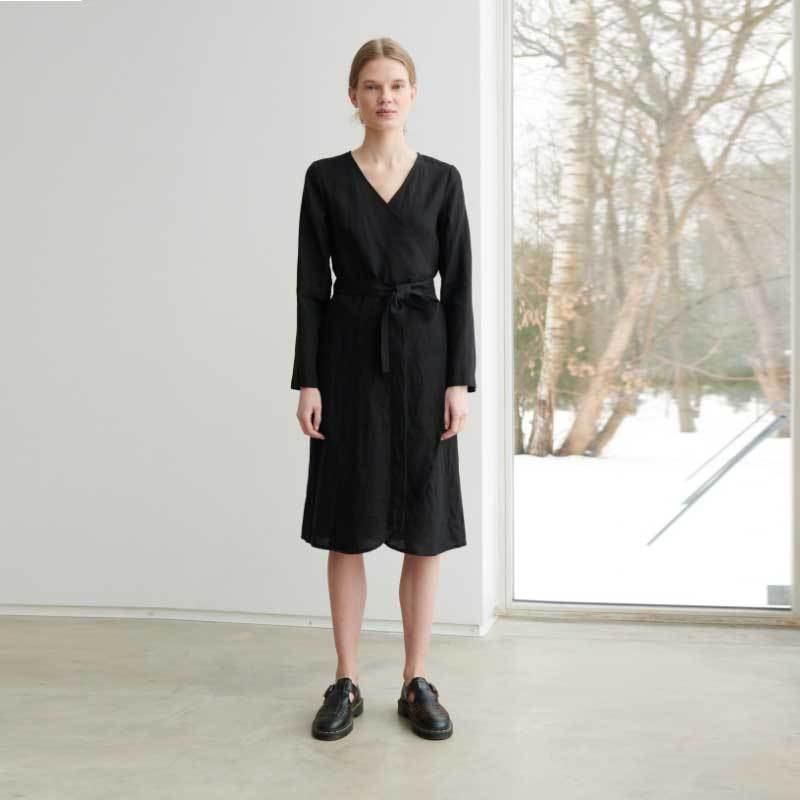Custom Women's Black Linen Wrap Dress