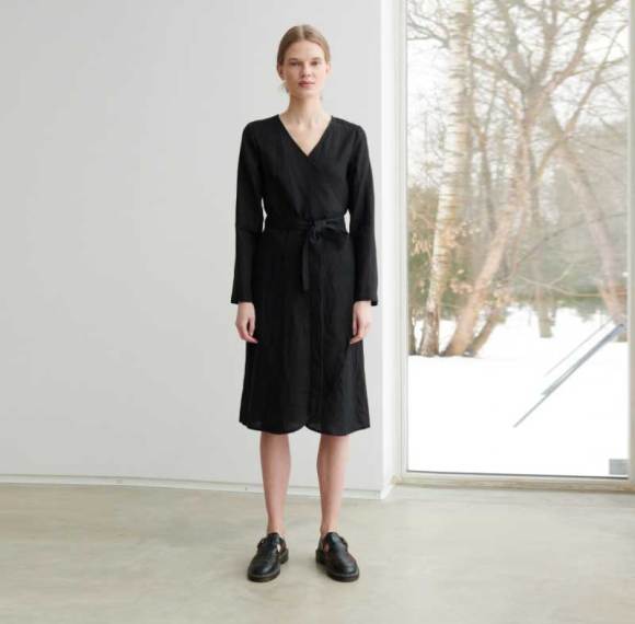 Custom Women's Black Linen Wrap Dress | Sustainable Long Sleeve Midi Dress OEM/ODM Manufacturer for Boutiques