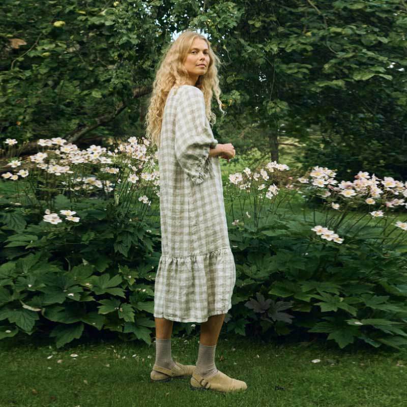 Custom Women's Sage Green Gingham Linen Dress