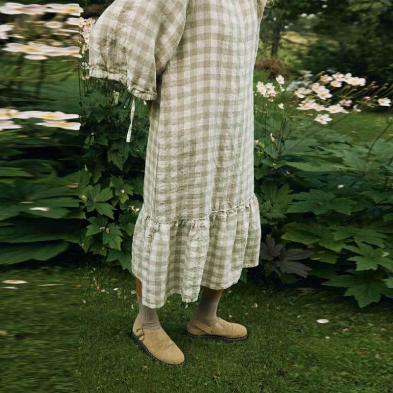 Custom Women's Sage Green Gingham Linen Dress