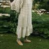 Custom Women's Sage Green Gingham Linen Dress | Sustainable Puff Sleeve Midi Dress OEM/ODM Manufacturer
