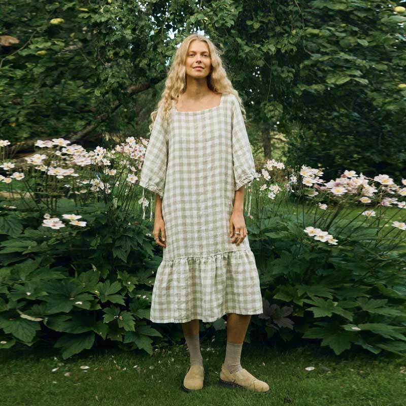 Custom Women's Sage Green Gingham Linen Dress