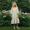Custom Women's Sage Green Gingham Linen Dress | Sustainable Puff Sleeve Midi Dress OEM/ODM Manufacturer