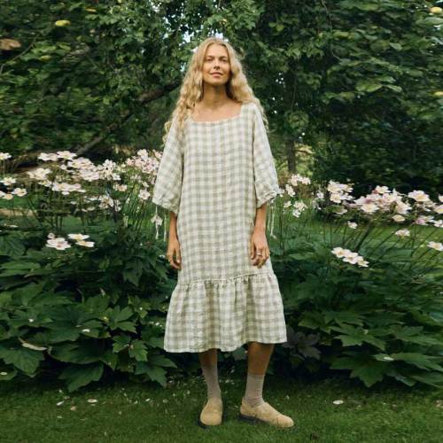Custom Women's Sage Green Gingham Linen Dress | Sustainable Puff Sleeve Midi Dress OEM/ODM Manufacturer