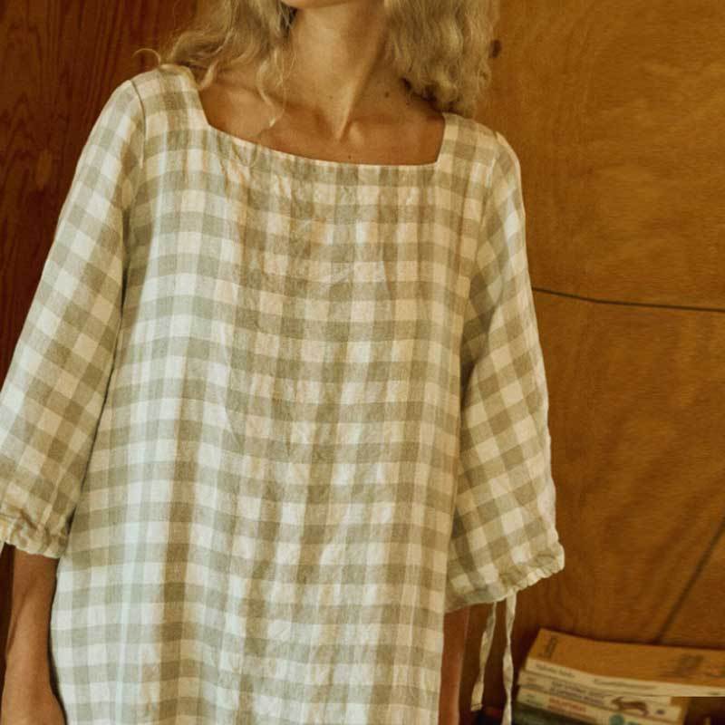 Custom Women's Sage Green Gingham Linen Dress