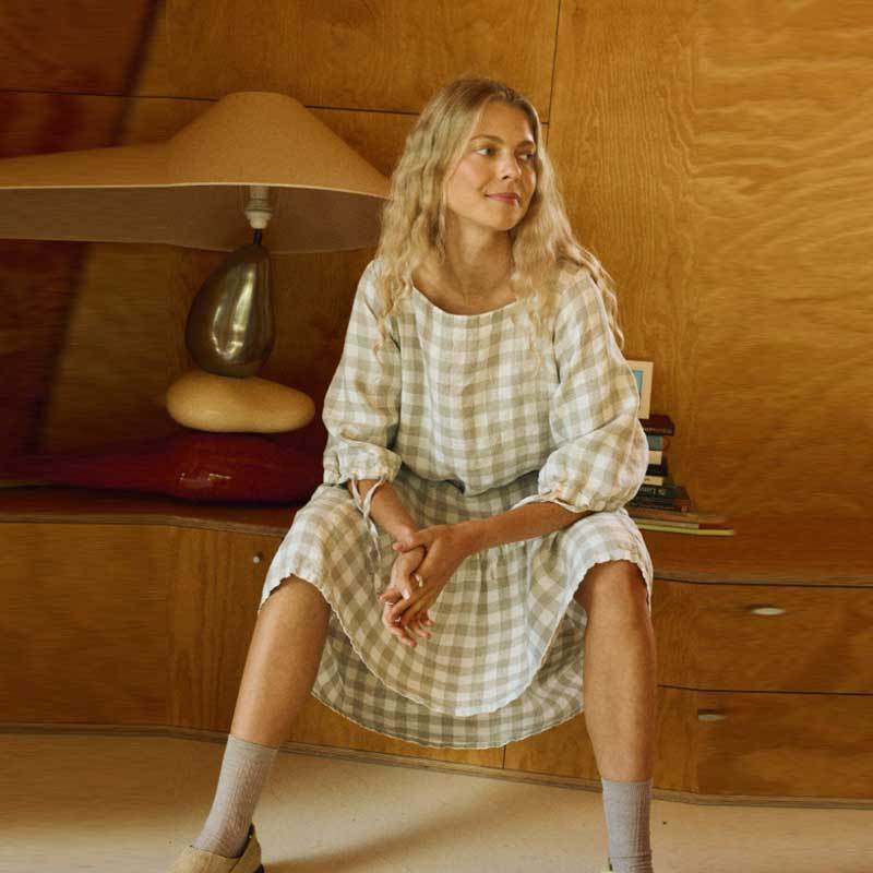 Custom Women's Sage Green Gingham Linen Dress
