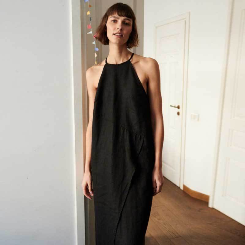 Custom Women's Black Linen Halter Maxi Dress