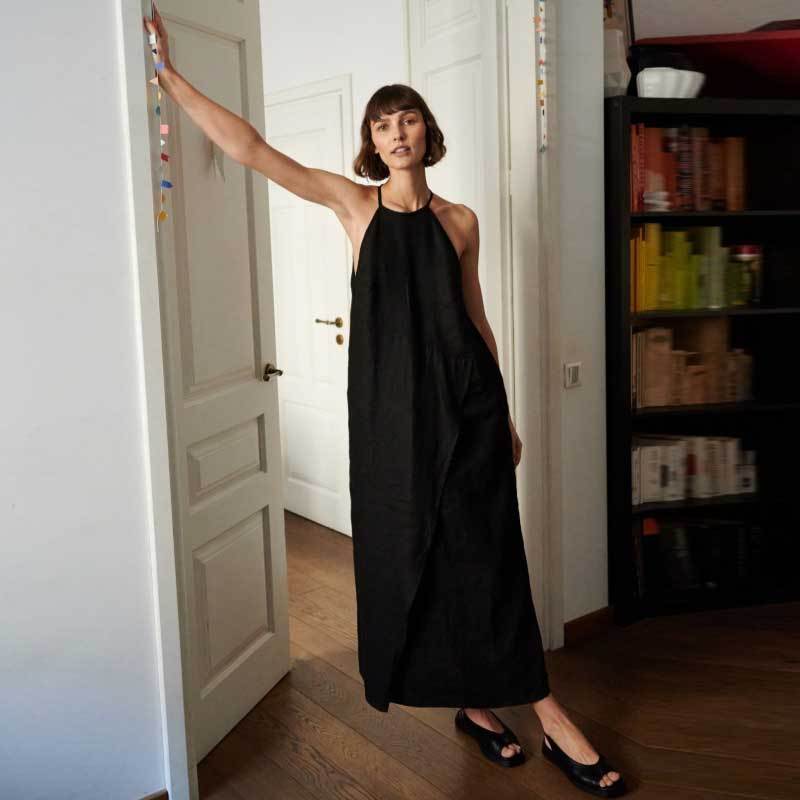 Custom Women's Black Linen Halter Maxi Dress