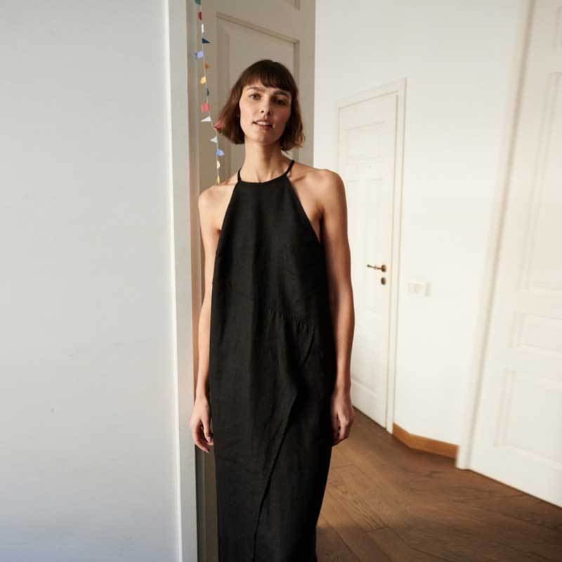 Custom Women's Black Linen Halter Maxi Dress