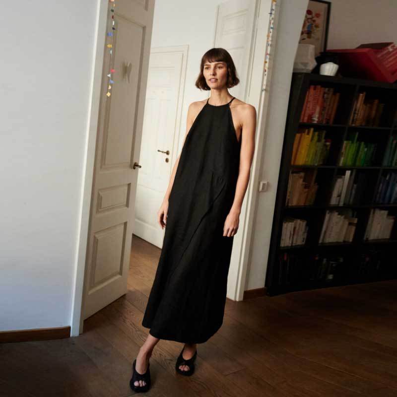 Custom Women's Black Linen Halter Maxi Dress