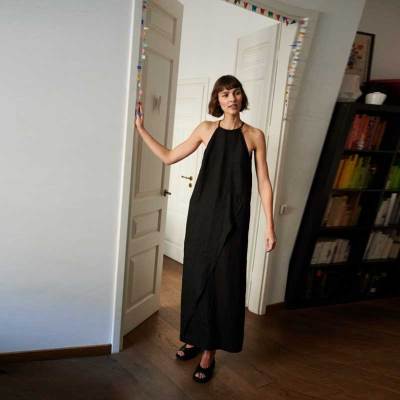 Custom Women's Black Linen Halter Maxi Dress | Sustainable Sleeveless Linen Dress OEM/ODM Manufacturer for Boutiques