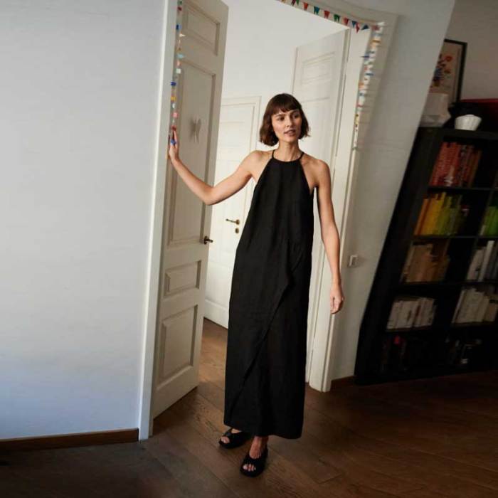 Custom Women's Black Linen Halter Maxi Dress | Sustainable Sleeveless Linen Dress OEM/ODM Manufacturer for Boutiques
