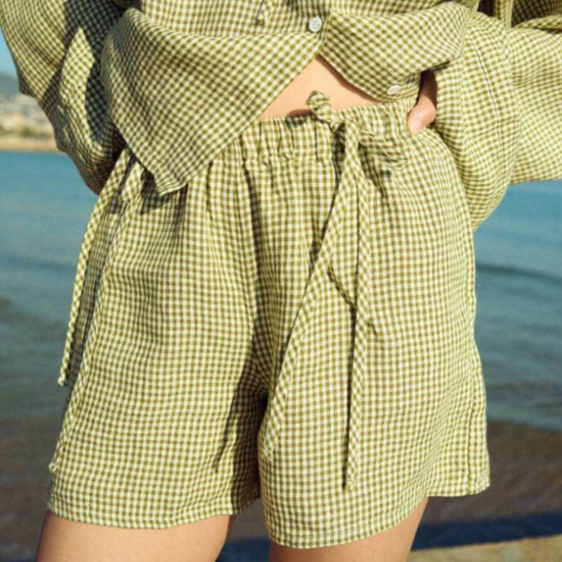 Custom Women's Olive Green Gingham Linen Shorts
