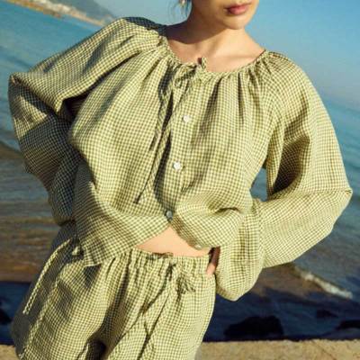Custom Women's Olive Green Gingham Linen Shorts | Sustainable Tie-Waist Linen Shorts OEM/ODM Manufacturer for Boutiques