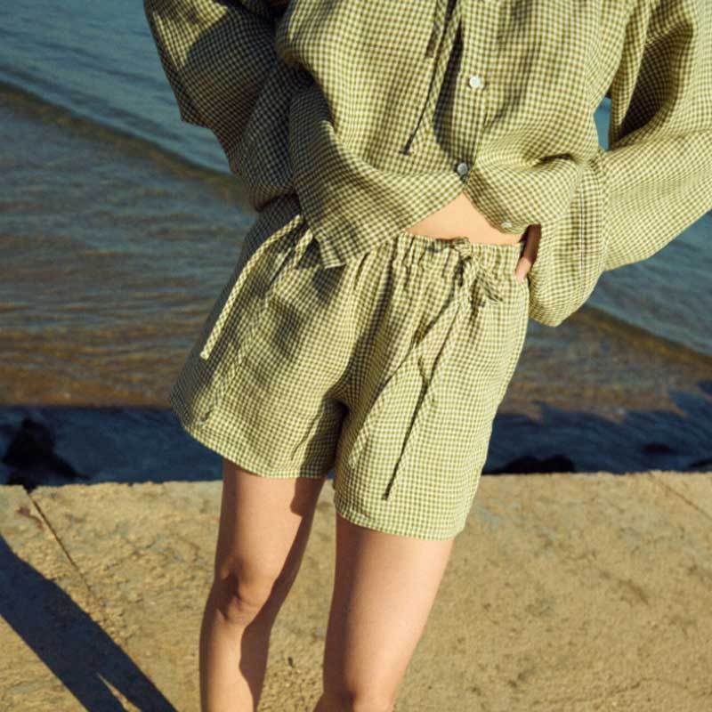 Custom Women's Olive Green Gingham Linen Shorts