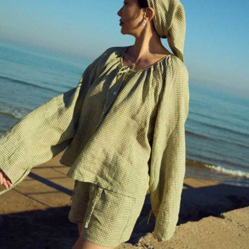 Custom Women's Olive Green Gingham Linen Shorts | Sustainable Tie-Waist Linen Shorts OEM/ODM Manufacturer for Boutiques