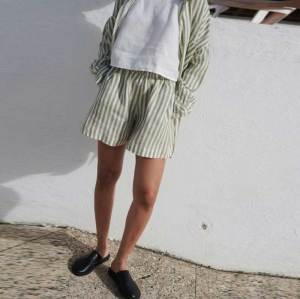 Custom Women's Sage Green Stripe Linen Shorts | Sustainable Elastic Waist Linen Shorts OEM/ODM Manufacturer for Boutiques