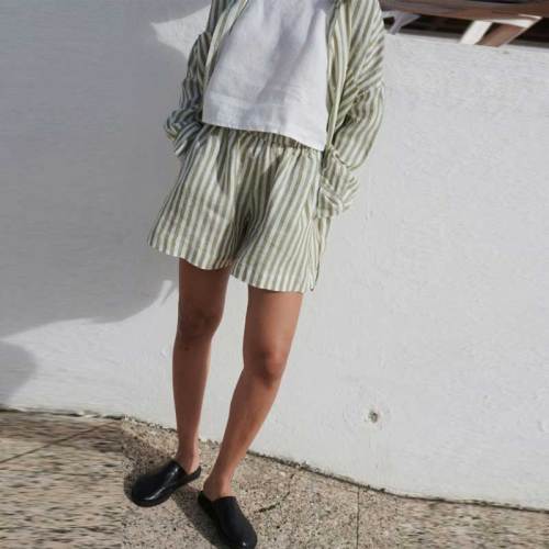 Custom Women's Sage Green Stripe Linen Shorts | Sustainable Elastic Waist Linen Shorts OEM/ODM Manufacturer for Boutiques