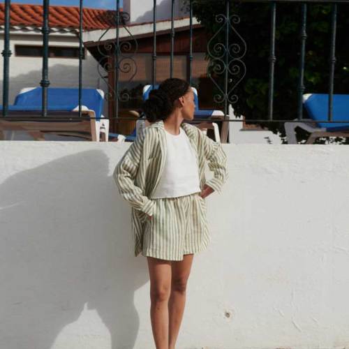 Custom Women's Sage Green Stripe Linen Shorts | Sustainable Elastic Waist Linen Shorts OEM/ODM Manufacturer for Boutiques
