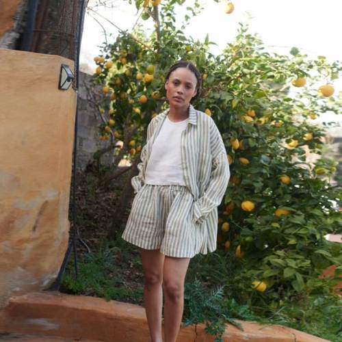 Custom Women's Sage Green Stripe Linen Shorts | Sustainable Elastic Waist Linen Shorts OEM/ODM Manufacturer for Boutiques