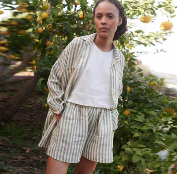 Custom Women's Sage Green Stripe Linen Shorts | Sustainable Elastic Waist Linen Shorts OEM/ODM Manufacturer for Boutiques
