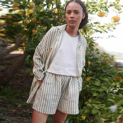 Custom Women's Sage Green Stripe Linen Shorts | Sustainable Elastic Waist Linen Shorts OEM/ODM Manufacturer for Boutiques