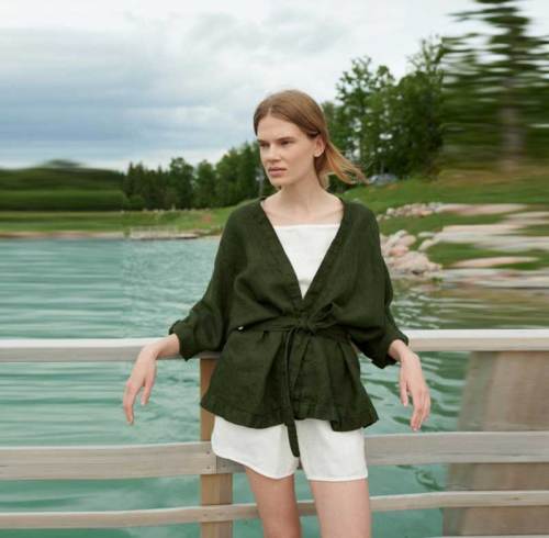 Custom Women's Olive Green Linen Wrap Top | Sustainable Tie-Waist Kimono Sleeve Shirt OEM/ODM Manufacturer