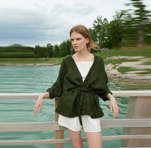 Custom Women's Olive Green Linen Wrap Top | Sustainable Tie-Waist Kimono Sleeve Shirt OEM/ODM Manufacturer