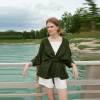 Custom Women's Olive Green Linen Wrap Top | Sustainable Tie-Waist Kimono Sleeve Shirt OEM/ODM Manufacturer