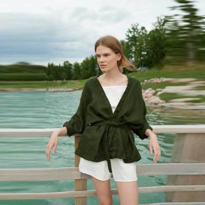 Custom Women's Olive Green Linen Wrap Top | Sustainable Tie-Waist Kimono Sleeve Shirt OEM/ODM Manufacturer