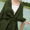 Custom Women's Olive Green Linen Wrap Top | Sustainable Tie-Waist Kimono Sleeve Shirt OEM/ODM Manufacturer