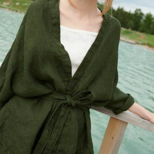 Custom Women's Olive Green Linen Wrap Top | Sustainable Tie-Waist Kimono Sleeve Shirt OEM/ODM Manufacturer
