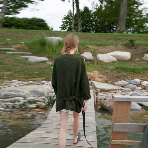 Custom Women's Olive Green Linen Wrap Top | Sustainable Tie-Waist Kimono Sleeve Shirt OEM/ODM Manufacturer