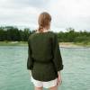Custom Women's Olive Green Linen Wrap Top | Sustainable Tie-Waist Kimono Sleeve Shirt OEM/ODM Manufacturer