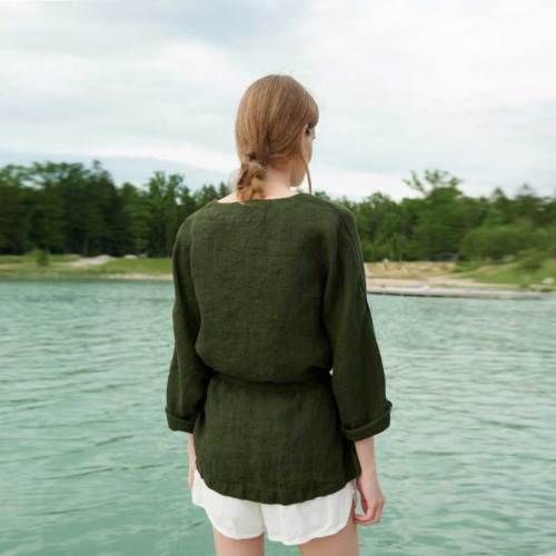 Custom Women's Olive Green Linen Wrap Top | Sustainable Tie-Waist Kimono Sleeve Shirt OEM/ODM Manufacturer