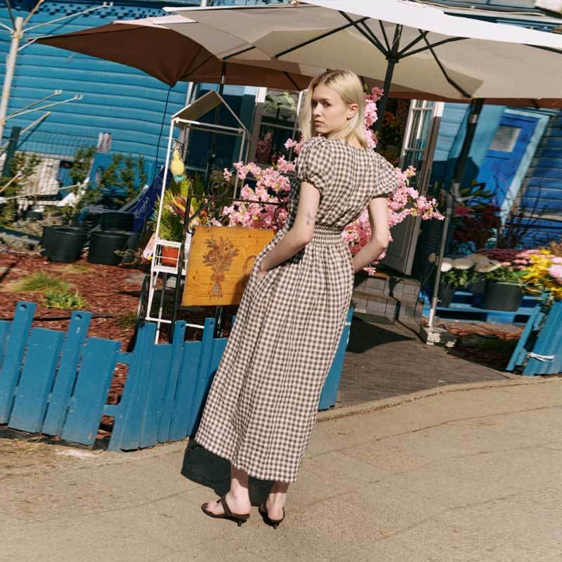 Custom Women's Brown Gingham Linen Maxi Dress