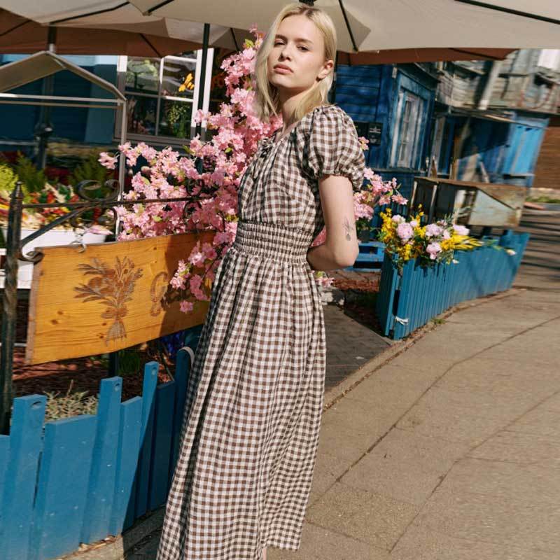 Custom Women's Brown Gingham Linen Maxi Dress