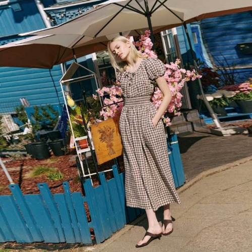 Custom Women's Brown Gingham Linen Maxi Dress | Puff Sleeve Cottagecore Linen Dress OEM/ODM Manufacturer for Boutiques
