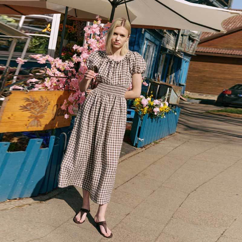 Custom Women's Brown Gingham Linen Maxi Dress