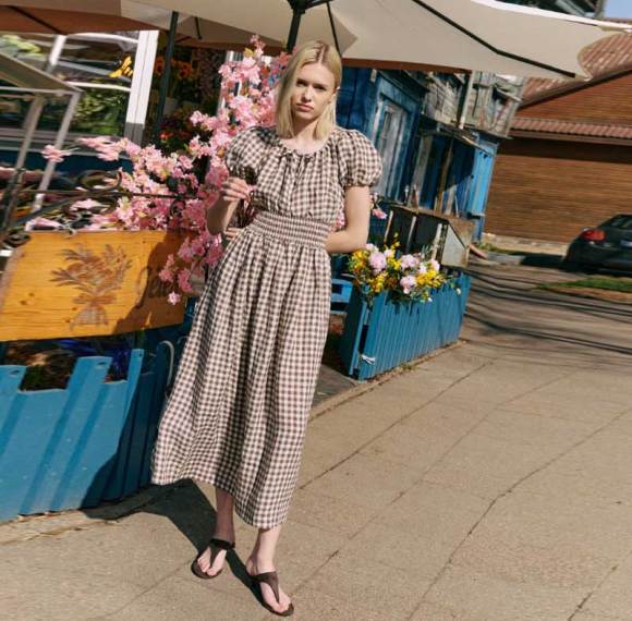 Custom Women's Brown Gingham Linen Maxi Dress | Puff Sleeve Cottagecore Linen Dress OEM/ODM Manufacturer for Boutiques