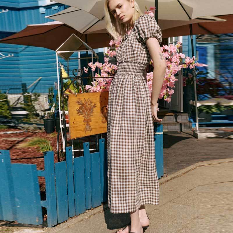 Custom Women's Brown Gingham Linen Maxi Dress