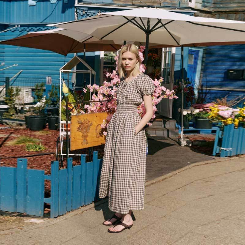 Custom Women's Brown Gingham Linen Maxi Dress