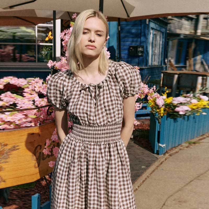 Custom Women's Brown Gingham Linen Maxi Dress