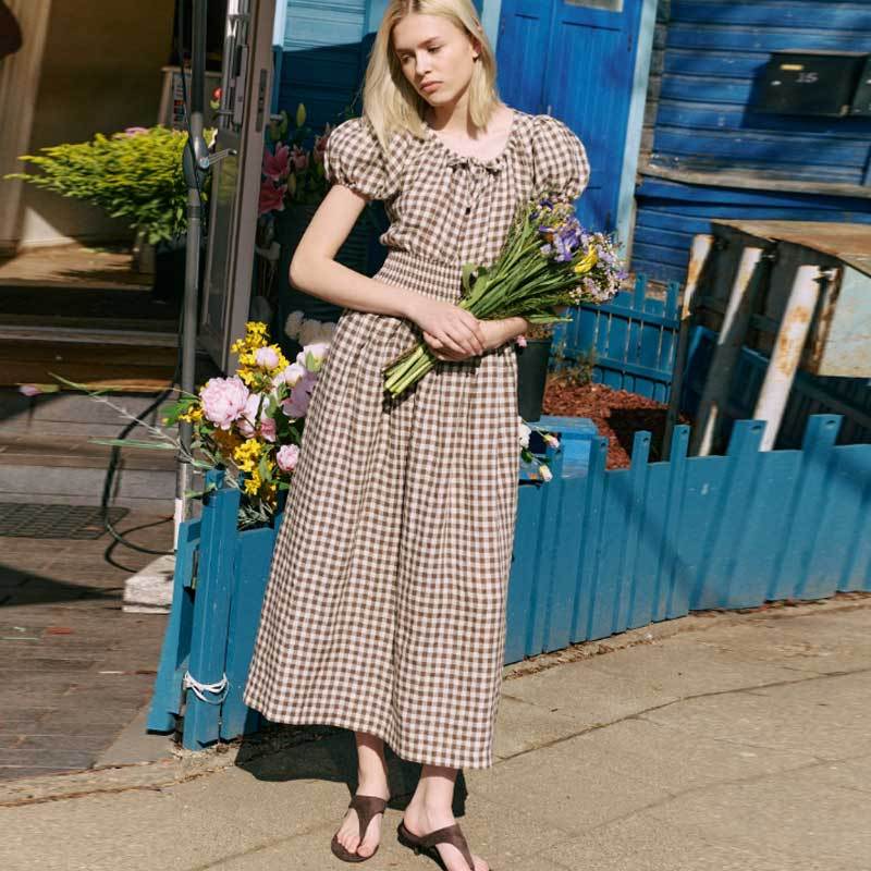 Custom Women's Brown Gingham Linen Maxi Dress
