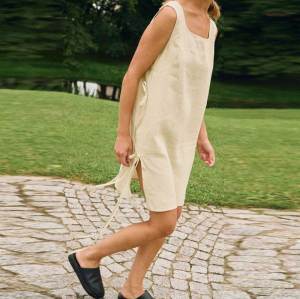 Custom Women's Natural Linen Slip Dress | Adjustable Side Tie Square Neck Mini Dress OEM/ODM Manufacturer