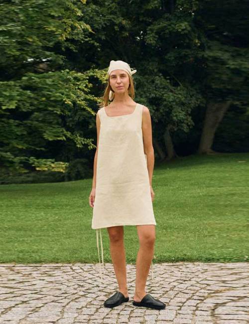 Custom Women's Natural Linen Slip Dress | Adjustable Side Tie Square Neck Mini Dress OEM/ODM Manufacturer