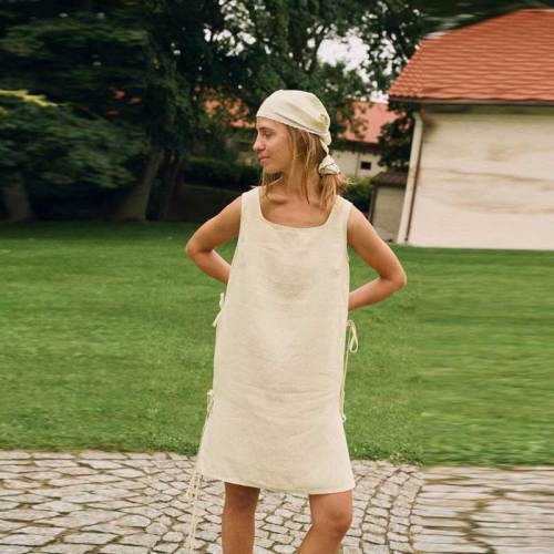Custom Women's Natural Linen Slip Dress | Adjustable Side Tie Square Neck Mini Dress OEM/ODM Manufacturer
