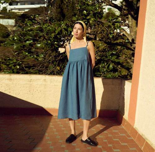Custom Women's Blue Linen Cami Midi Dress | Square Neck Smocked Waist | Sustainable Resort Wear Manufacturer OEM ODM