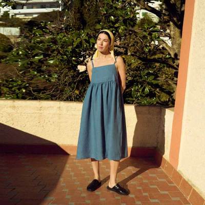 Custom Women's Blue Linen Cami Midi Dress | Square Neck Smocked Waist | Sustainable Resort Wear Manufacturer OEM ODM